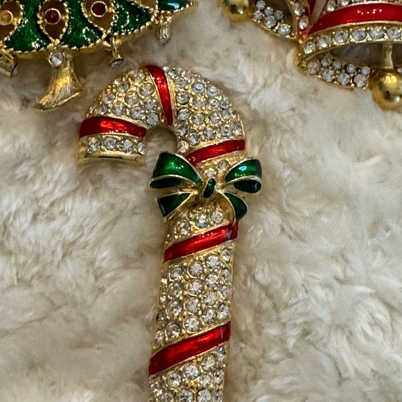 3 Beautiful CHRISTMAS PINS. Cane and tree are  2 1/2” and bells are 2 1/2” wide - Picture 2 of 4